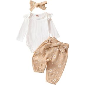 Springcmy Tollder Baby Girl 3Pcs Clothes Rib Knit Ruffle Long Sleeve Romper Daisy Flare Bottom Pants Headband Outfit Set