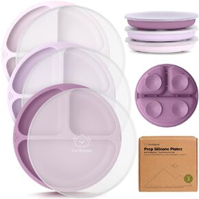 KeaBabies Suction Plates for Baby, Toddler - 3-Pack 100% Silicone Toddler Plates, Divided Baby Plates with Suction, Silicone Plates for Baby, Kids, BPA-Free, Microwave, Dishwasher Safe (Alps)