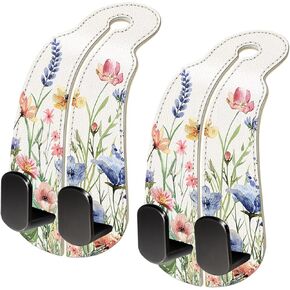 2PCS Car Seat Back Storage Headrest Hooks, Floral Flowers Car Purse Holder Bags Hanger, PU Leather Double Metal Hook for Backseat Car Organizer, Women Car Accessories Organization