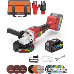 OUBA Cordless Angle Grinder Compatible for Dewalt Battery 20V Power Angle Grinder, 4.0Ah Battery, Metal Grinder with LED,6 Speed, 4-1/2" Cutting Wheel, Angle Grinder Stand, Flap Disc Grinding, Red