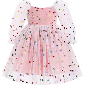 IMEKIS Toddler Girl Birthday Dress Floral Confetti Tulle Formal Wedding Party Long Sleeve Dress Cake Smash Photo Shoot