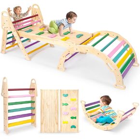 7in1 Extra Large Pikler Triangle Set, Indoor Climbing Toys for Toddlers, Foldable Wooden Montessori Climbing Set with Arch, Ramp & Ladder Baby Indoor Playground Jungle Gyms for Toddlers