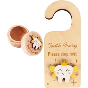 Tooth Fairy Tooth Holder Box and Tooth Fairy Tooth Hanger, Adorable Wooden Tooth Fairy Box with 3D Tooth for Lost Teeth + Tooth Fairy Door Hanger with 3D Tooth Space To Put Coins