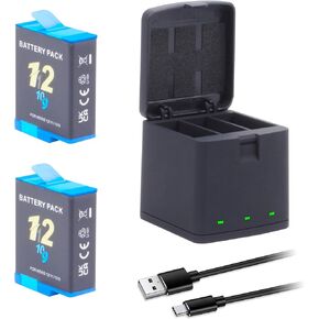 2-Pack Hero 12/11/10/9 Battery 2000mAh with 3-Channel USB-C Charger Power Fast Portable Accessory Fully Compatible with Go Pro Hero 12, Hero 11, Hero 10, Hero 9 Black Sport Action Camera (AHDBT-901)