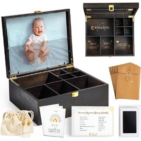 Baby Keepsake Box Wooden with 6 Additional Items - Baby Shower Gifts for Girls Boys, New Mom Gifts, First Memory Box For Keepsake Baby Engraved with Guidelines, Baby Organizer Box Large
