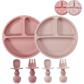 PandaEar 2 Pack Toddler Divided Suction Plates with 2 Spoons 2 Forks for Babies | Silicone Baby Led Weaning Supplies Self Feeding Eating Utensils | BPA-Free Silicone Baby Feeding Set -Pink