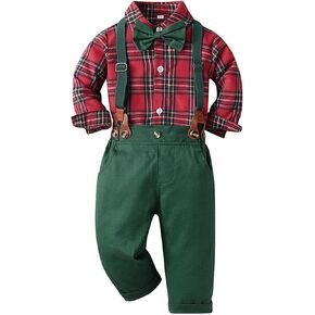 FANCYINN Toddler Baby Flower Boy Gentleman Outfits Bow Ties Plaid Shirts and Suspender pants Overalls 3M-3T