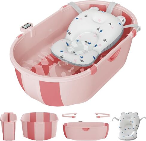 Collapsible Baby Bathtub for Infants to Toddlers with Soft Bath Cushion Foldable Baby Bath Tub with Thermometer and Drain Outlet, Baby Tub for Toddlers 0-6 Years Boys and Girls (Pink) in Saudi Arabia