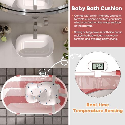 Collapsible Baby Bathtub for Infants to Toddlers with Soft Bath Cushion Foldable Baby Bath Tub with Thermometer and Drain Outlet, Baby Tub for Toddlers 0-6 Years Boys and Girls (Pink) in Saudi Arabia