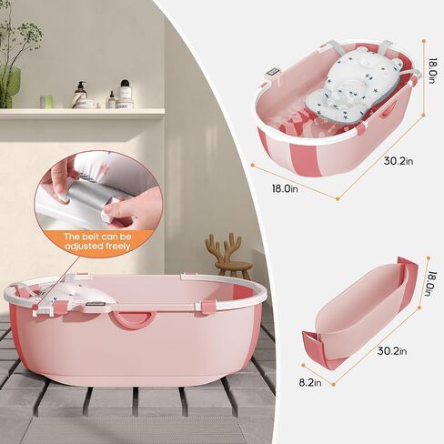 Collapsible Baby Bathtub for Infants to Toddlers with Soft Bath Cushion Foldable Baby Bath Tub with Thermometer and Drain Outlet, Baby Tub for Toddlers 0-6 Years Boys and Girls (Pink) in Saudi Arabia