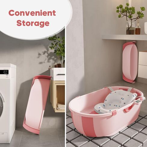 Collapsible Baby Bathtub for Infants to Toddlers with Soft Bath Cushion Foldable Baby Bath Tub with Thermometer and Drain Outlet, Baby Tub for Toddlers 0-6 Years Boys and Girls (Pink) in Saudi Arabia