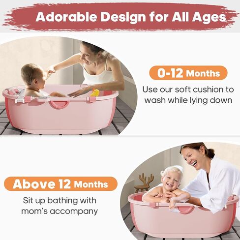 Collapsible Baby Bathtub for Infants to Toddlers with Soft Bath Cushion Foldable Baby Bath Tub with Thermometer and Drain Outlet, Baby Tub for Toddlers 0-6 Years Boys and Girls (Pink) in Saudi Arabia