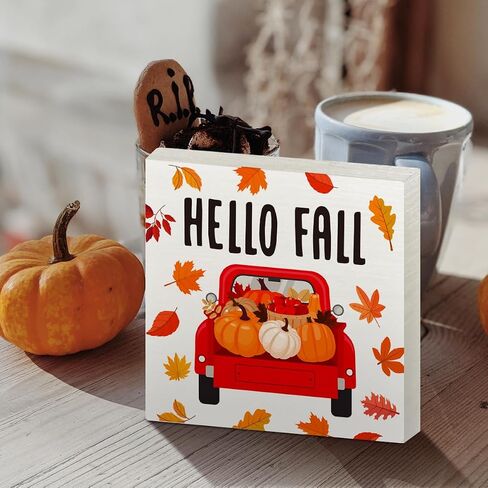 Fall Decor Wooden Box Sign, Fall Sunflower Pumpkin Table Decor Thanksgiving Harvest Autumn Decoration Home Office Room Kitchen Fall Sign Decor, Welcome Fall Thankful in Saudi Arabia