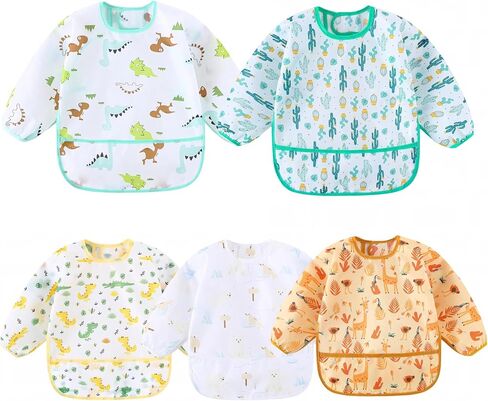 5-Pack Baby Long Sleeve Waterproof Bib Full Coverage Apron Bib Smock Toddler Bibs with Pocket 3-30 Months in Saudi Arabia