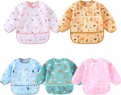 5-Pack Baby Long Sleeve Waterproof Bib Full Coverage Apron Bib Smock Toddler Bibs with Pocket 3-30 Months in Saudi Arabia