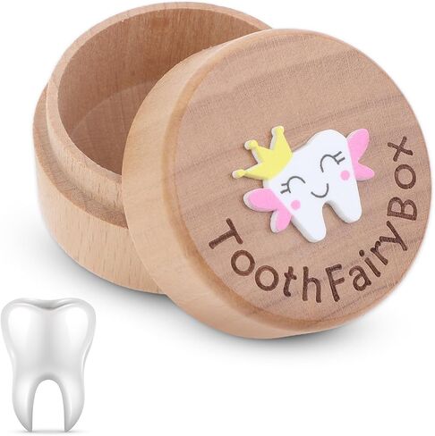 Tooth Keepsake Box Lost Teeth Holder Wooden Tooth Fairy Box with 3D Carved Tooth, Souvenir Dropped Tooth for First Lost Teeth or Kids Boys and Girls Baby Shower in Kuwait