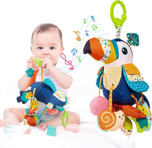 Jollybaby Musical Activity Pull String Hanging Toy for Baby Stroller Car Seat Crib Play Gym, Plush Stuffed Toucan Toy for Carseat with Music Teether Rattles, Sensory Toy for Baby Gift in Kuwait