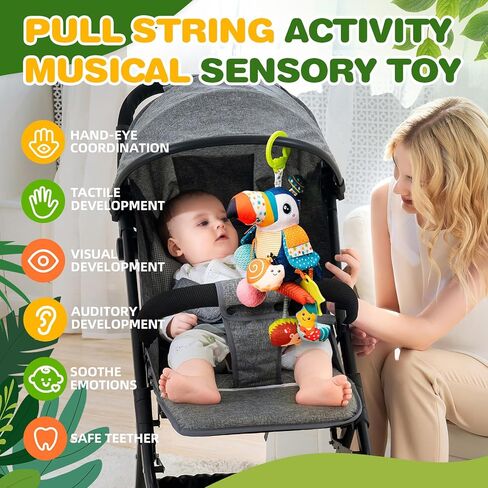 Jollybaby Musical Activity Pull String Hanging Toy for Baby Stroller Car Seat Crib Play Gym, Plush Stuffed Toucan Toy for Carseat with Music Teether Rattles, Sensory Toy for Baby Gift in Kuwait