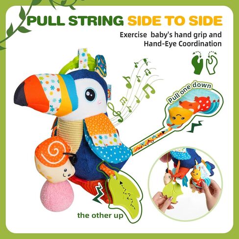 Jollybaby Musical Activity Pull String Hanging Toy for Baby Stroller Car Seat Crib Play Gym, Plush Stuffed Toucan Toy for Carseat with Music Teether Rattles, Sensory Toy for Baby Gift in Kuwait