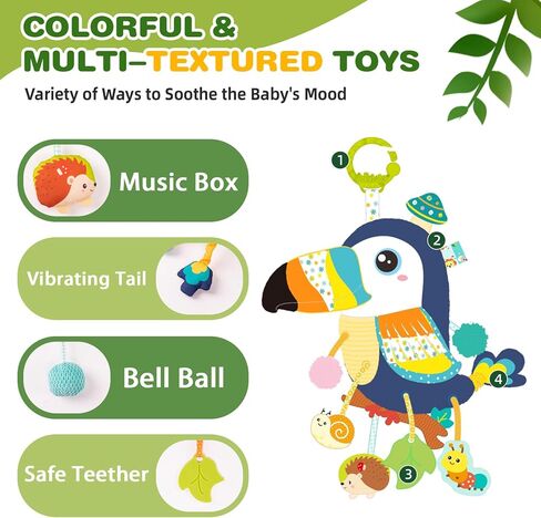 Jollybaby Musical Activity Pull String Hanging Toy for Baby Stroller Car Seat Crib Play Gym, Plush Stuffed Toucan Toy for Carseat with Music Teether Rattles, Sensory Toy for Baby Gift in Kuwait