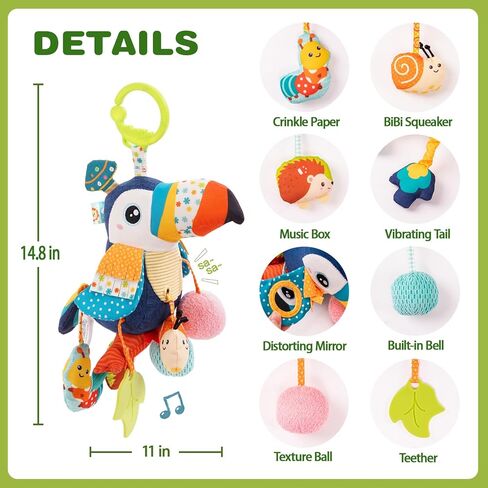 Jollybaby Musical Activity Pull String Hanging Toy for Baby Stroller Car Seat Crib Play Gym, Plush Stuffed Toucan Toy for Carseat with Music Teether Rattles, Sensory Toy for Baby Gift in Kuwait