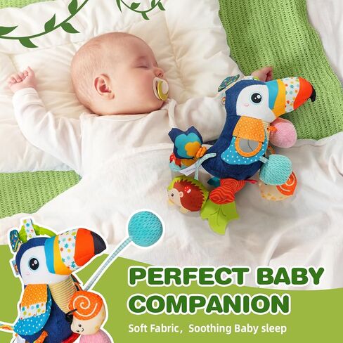 Jollybaby Musical Activity Pull String Hanging Toy for Baby Stroller Car Seat Crib Play Gym, Plush Stuffed Toucan Toy for Carseat with Music Teether Rattles, Sensory Toy for Baby Gift in Kuwait