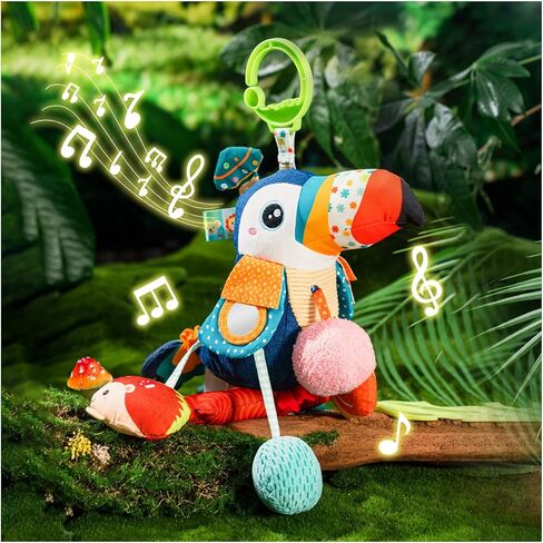 Jollybaby Musical Activity Pull String Hanging Toy for Baby Stroller Car Seat Crib Play Gym, Plush Stuffed Toucan Toy for Carseat with Music Teether Rattles, Sensory Toy for Baby Gift in Kuwait