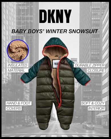 DKNY Baby Boys Sherpa Lined One Piece Snowsuit Hooded Insulated (0-9M) | Plush Soft Lining With Full Zip Ease, Snug Attached Hood, Total Coverage Warmth for Newborns in Cold Winter Weather in Saudi Arabia