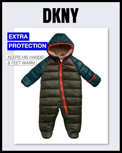 DKNY Baby Boys Sherpa Lined One Piece Snowsuit Hooded Insulated (0-9M) | Plush Soft Lining With Full Zip Ease, Snug Attached Hood, Total Coverage Warmth for Newborns in Cold Winter Weather in Saudi Arabia