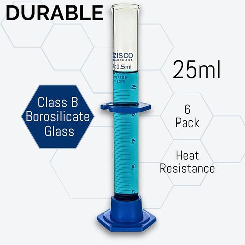 EISCO Graduated Cylinder, 25mL - Class B - Detachable, Plastic Hexagonal Base & Protective Collar - Blue Graduations - Borosilicate Glass in Saudi Arabia