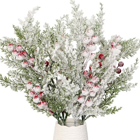 Artificial Frosted Pine Branches Snowy Red Berry Stems Set of 4 Faux Christmas Tree Picks Greenery Sprays White Winter Cedar Holly Berry Picks for Craft Arrangement Wreath Holiday Season Décor 17" (4) in Saudi Arabia