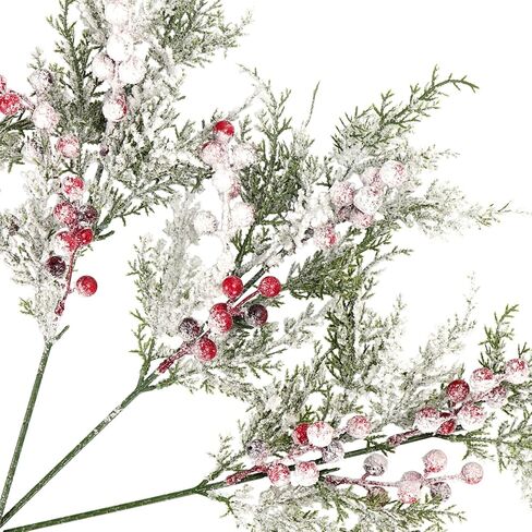 Artificial Frosted Pine Branches Snowy Red Berry Stems Set of 4 Faux Christmas Tree Picks Greenery Sprays White Winter Cedar Holly Berry Picks for Craft Arrangement Wreath Holiday Season Décor 17" (4) in Saudi Arabia