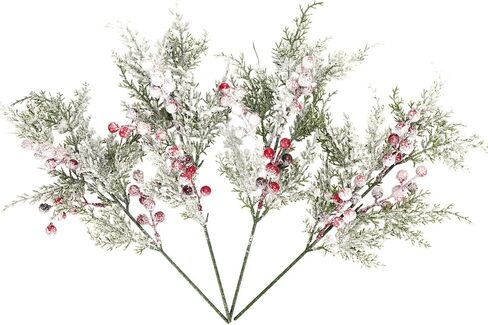Artificial Frosted Pine Branches Snowy Red Berry Stems Set of 4 Faux Christmas Tree Picks Greenery Sprays White Winter Cedar Holly Berry Picks for Craft Arrangement Wreath Holiday Season Décor 17" (4) in Saudi Arabia