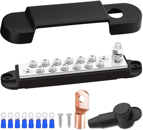 Aienxn 12V Bus Bar Marine 150A 1/4" Stud Power Distribution Block with 2PCS Silicone Terminal Covers, 2PCS Copper Lugs and Ring Terminals for Car and Boat (Black+Red) Q-078 in Saudi Arabia
