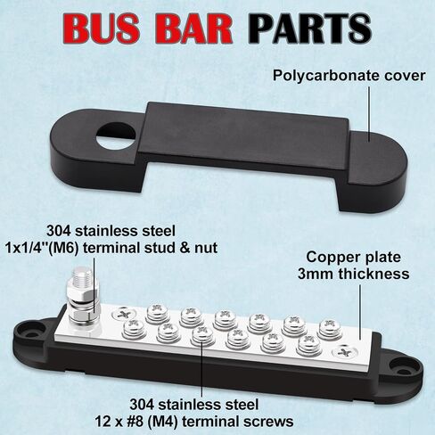 Aienxn 12V Bus Bar Marine 150A 1/4" Stud Power Distribution Block with 2PCS Silicone Terminal Covers, 2PCS Copper Lugs and Ring Terminals for Car and Boat (Black+Red) Q-078 in Saudi Arabia