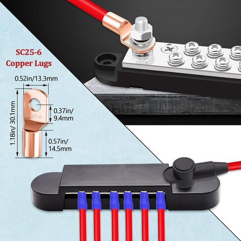 Aienxn 12V Bus Bar Marine 150A 1/4" Stud Power Distribution Block with 2PCS Silicone Terminal Covers, 2PCS Copper Lugs and Ring Terminals for Car and Boat (Black+Red) Q-078 in Saudi Arabia