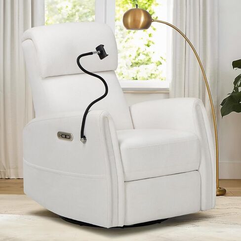 COLAMY Power Swivel Glider Recliner Chair, Nursery Rocking Chair, Living Room Chair, 270° Swivel 145° Recliner Chair with Built-in Charging Ports for Living Room, Apartment, Home, White in Kuwait