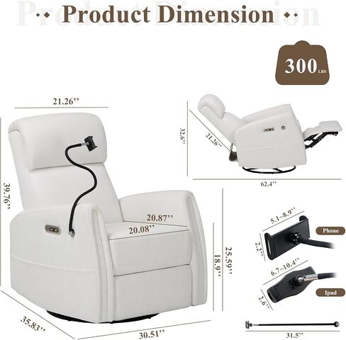 COLAMY Power Swivel Glider Recliner Chair, Nursery Rocking Chair, Living Room Chair, 270° Swivel 145° Recliner Chair with Built-in Charging Ports for Living Room, Apartment, Home, White in Kuwait