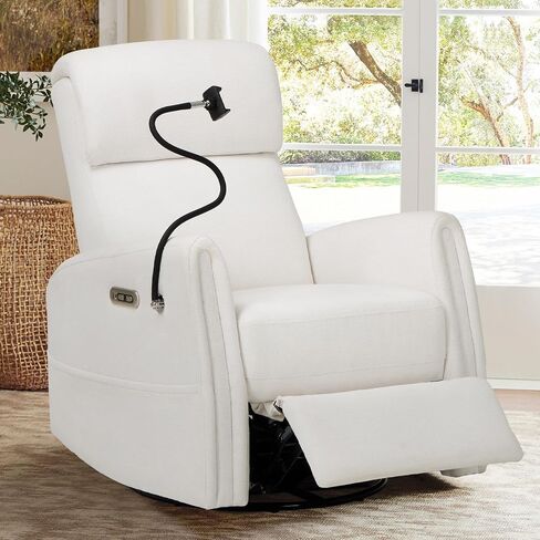 COLAMY Power Swivel Glider Recliner Chair, Nursery Rocking Chair, Living Room Chair, 270° Swivel 145° Recliner Chair with Built-in Charging Ports for Living Room, Apartment, Home, White in Kuwait