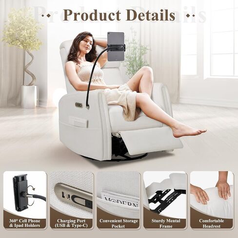 COLAMY Power Swivel Glider Recliner Chair, Nursery Rocking Chair, Living Room Chair, 270° Swivel 145° Recliner Chair with Built-in Charging Ports for Living Room, Apartment, Home, White in Kuwait