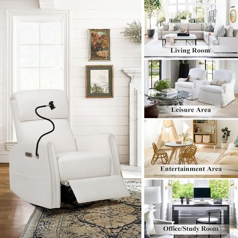 COLAMY Power Swivel Glider Recliner Chair, Nursery Rocking Chair, Living Room Chair, 270° Swivel 145° Recliner Chair with Built-in Charging Ports for Living Room, Apartment, Home, White in Kuwait