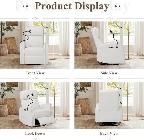 COLAMY Power Swivel Glider Recliner Chair, Nursery Rocking Chair, Living Room Chair, 270° Swivel 145° Recliner Chair with Built-in Charging Ports for Living Room, Apartment, Home, White in Kuwait