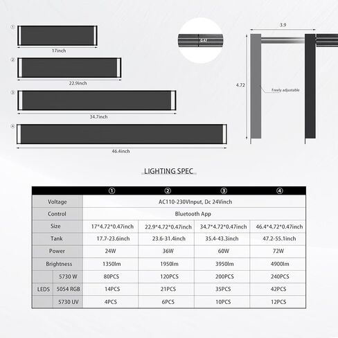 MagTool Brite Series Aquarium LED Light with App-Controlled RGB+W LEDs, Extendable Bracket, Supports Custom Sunrise/Sunset Colors in Manual/Auto/Custom Modes (Brite 60) in Kuwait