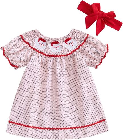 Toddler Girl Christmas Dress Santa Embroidery Short Sleeve Princess Dress + Headband Smocked Baby Girl Clothes in Saudi Arabia