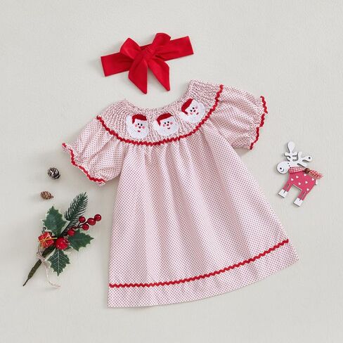 Toddler Girl Christmas Dress Santa Embroidery Short Sleeve Princess Dress + Headband Smocked Baby Girl Clothes in Saudi Arabia