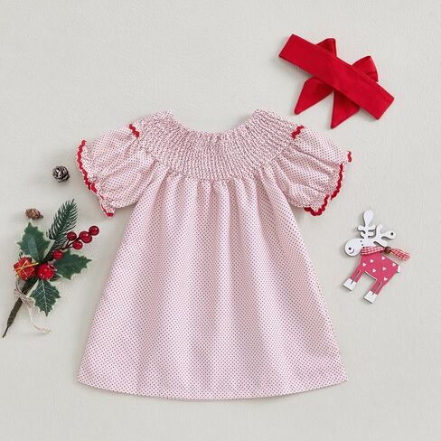 Toddler Girl Christmas Dress Santa Embroidery Short Sleeve Princess Dress + Headband Smocked Baby Girl Clothes in Saudi Arabia