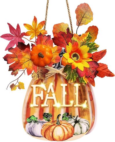 [Lighted & Timer]Fall Decorations Truck Sign Lighted Fall Wreath Fall Signs with Sunflower Maples Leafed Pumpkin Berried Hanging Fall Door Signs Thanksgiving Table Decorations for Home Indoor Outdoor in Kuwait