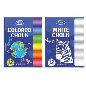 Chalk Set - 12 White Chalk, 12 Colored Chalkboard Chalk (24 Pack) Chalk For Kids Art, and Creative Projects Non-Toxic, Vibrant Colors - Easy to Erase Ideal for Classroom, Home, and Office
