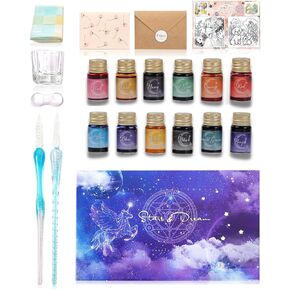 Glass Pen Set20 Pieces Ink 12 Colors 2 Pens with Letter, 【Recommended by Art Stationery Critics 】 【Japanese Brand 】【2024 Improved Version 】 (light blue)
