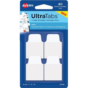 Avery Mini Ultra Tabs, 1" x 1.5", 2-Side Writable, White, 40 Repositionable Tabs (74788)